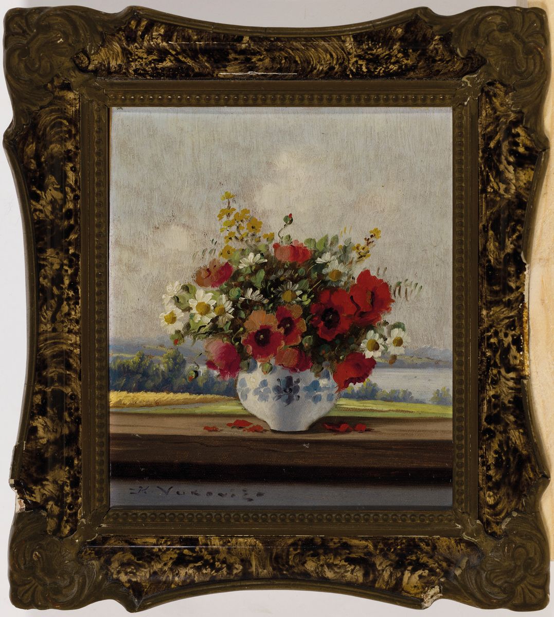 Detail m: Keist Vukovic, 1897-1973 Tschechien, 3 kleine Blumenstillleben in Öl/Malkarton, alle signiert, 1x Rosen, Äpfel und Messer auf Tisch, ca. 12x14cm; ...