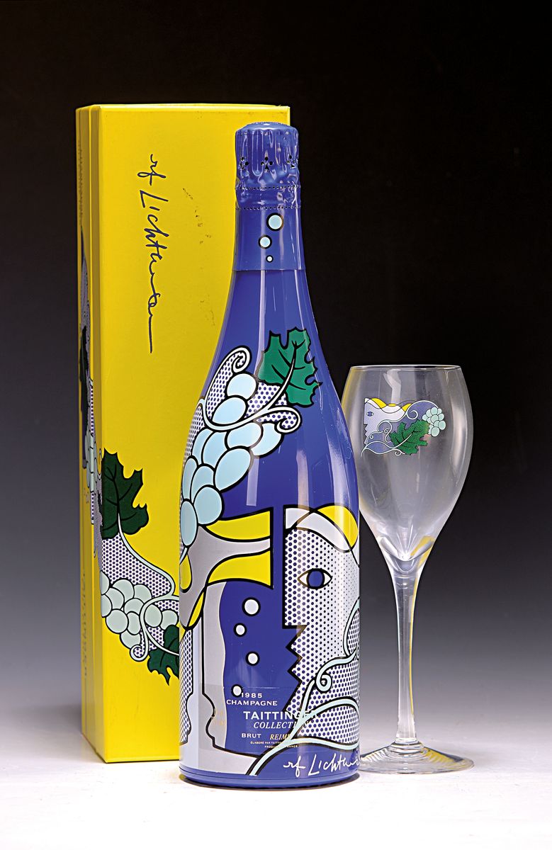 Taittinger Champagner 1985 Roy Lichtenstein, im orig. Box, dazu 8 Champagner Gläser mit ebenfalls Lichtenstein-Motiv, diese ebenfalls in orig. Box