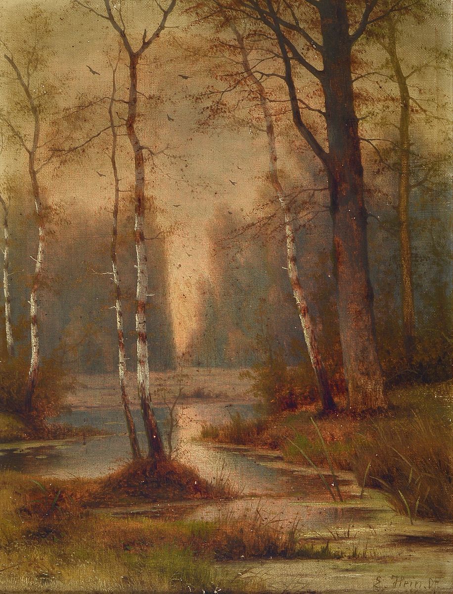 Eudard II Hein, 1854-1918 Düsseldorf, Auenlandschaft, Öl/Lwd, signiert, bez., 38 x 27 cm, Rahmen, Altersspuren, Leinwand gewellt