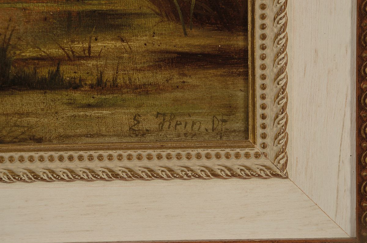 Detail a: Eudard II Hein, 1854-1918 Düsseldorf, Auenlandschaft, Öl/Lwd, signiert, bez., 38 x 27 cm, Rahmen, Altersspuren, Leinwand gewellt