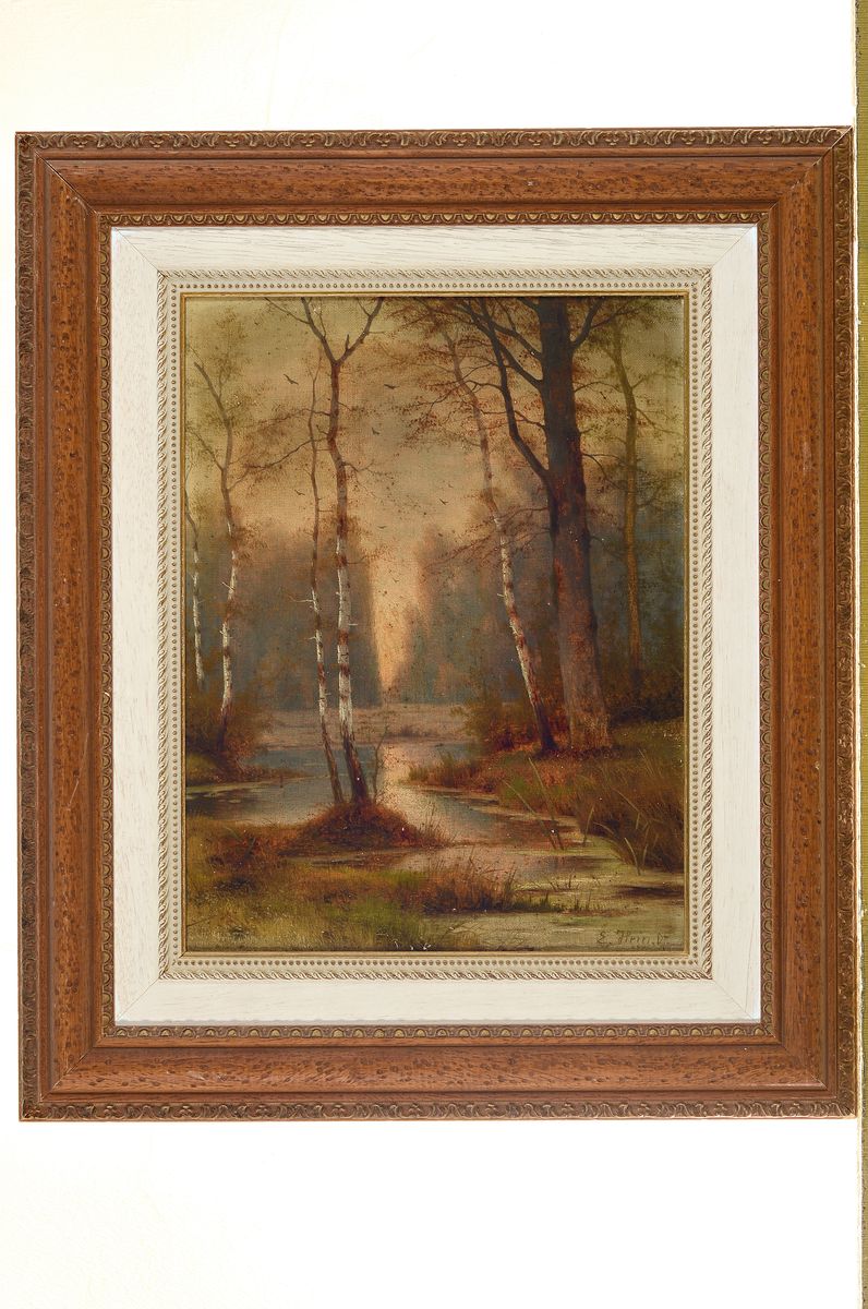 Detail k: Eudard II Hein, 1854-1918 Düsseldorf, Auenlandschaft, Öl/Lwd, signiert, bez., 38 x 27 cm, Rahmen, Altersspuren, Leinwand gewellt