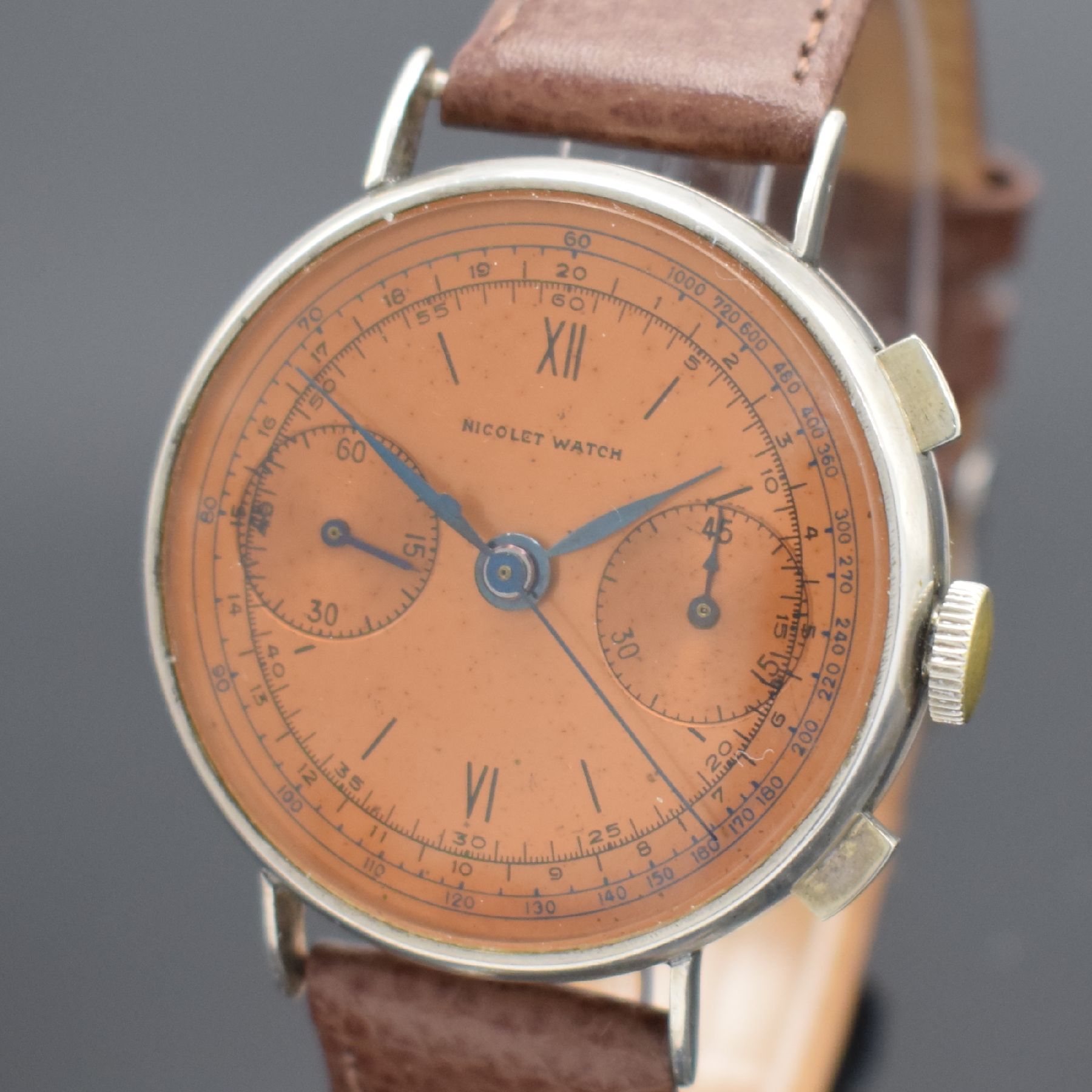 Detail a: NICOLET WATCH Kaliber Landeron 39 Herrenarmbanduhr mit Schaltradchronograph, Schweiz 1940er Jahre, Handaufzug, Geh. in 800er Silber, Boden & Glasrand ...