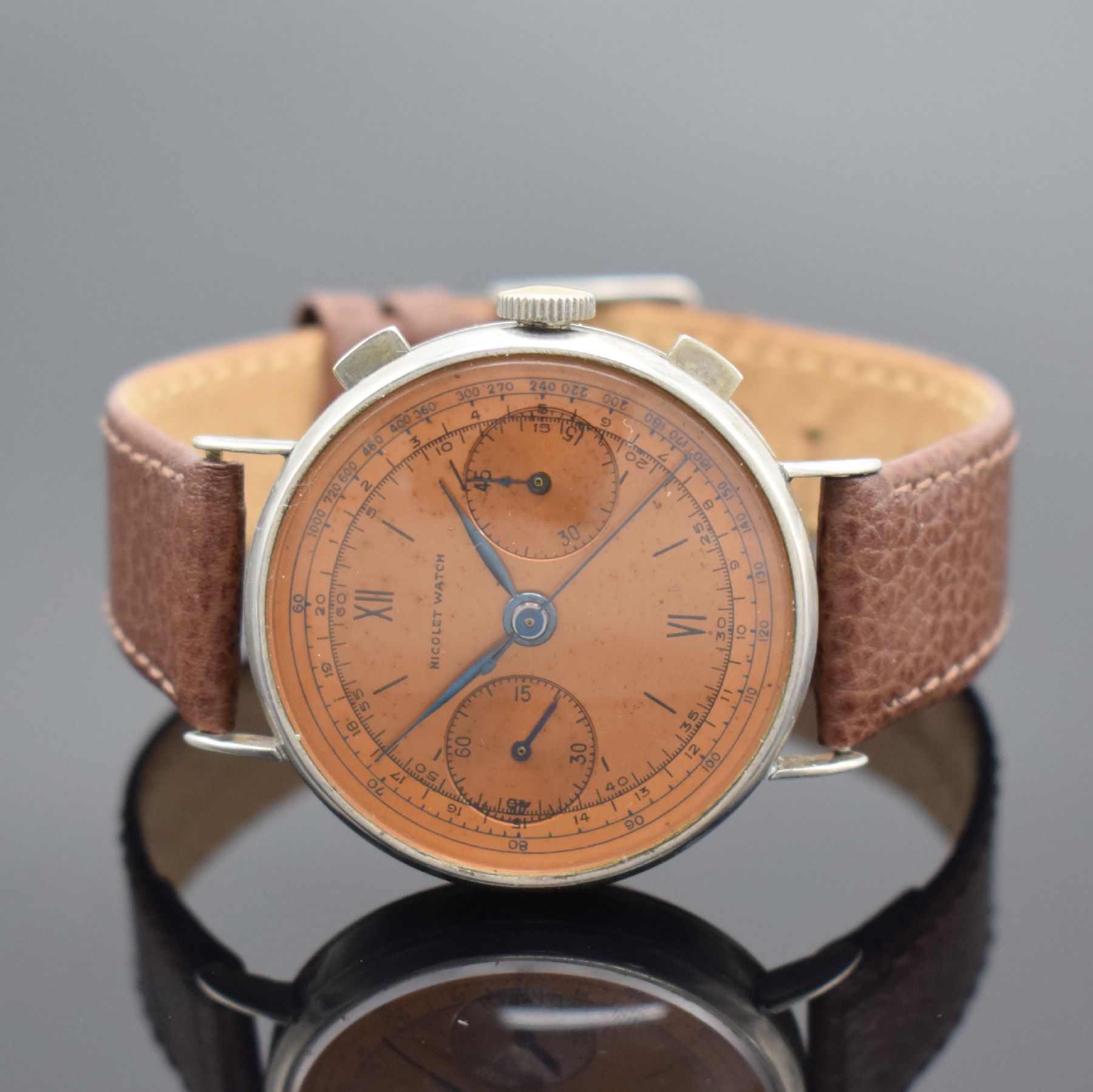 Detail b: NICOLET WATCH Kaliber Landeron 39 Herrenarmbanduhr mit Schaltradchronograph, Schweiz 1940er Jahre, Handaufzug, Geh. in 800er Silber, Boden & Glasrand ...