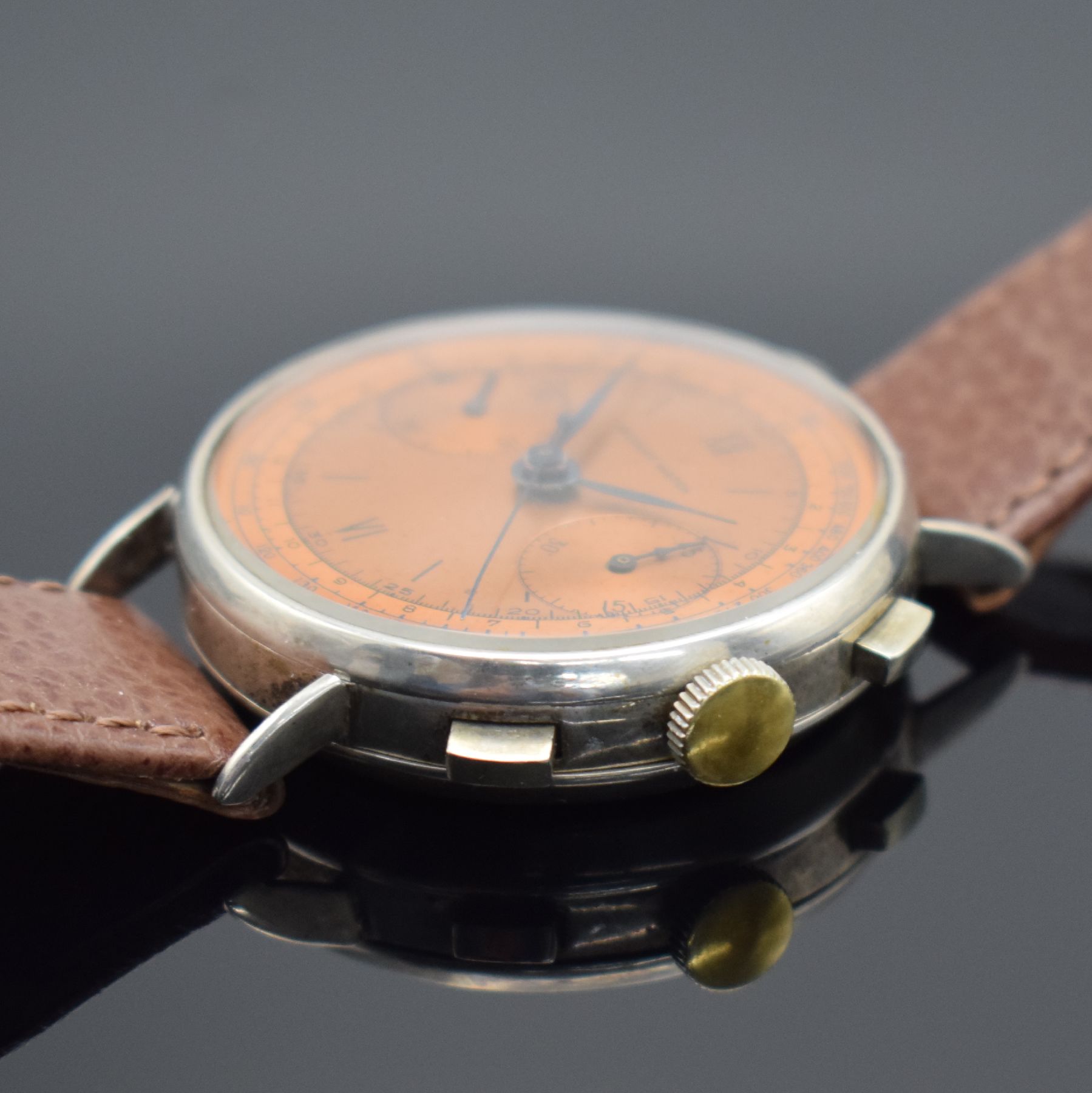 Detail c: NICOLET WATCH Kaliber Landeron 39 Herrenarmbanduhr mit Schaltradchronograph, Schweiz 1940er Jahre, Handaufzug, Geh. in 800er Silber, Boden & Glasrand ...