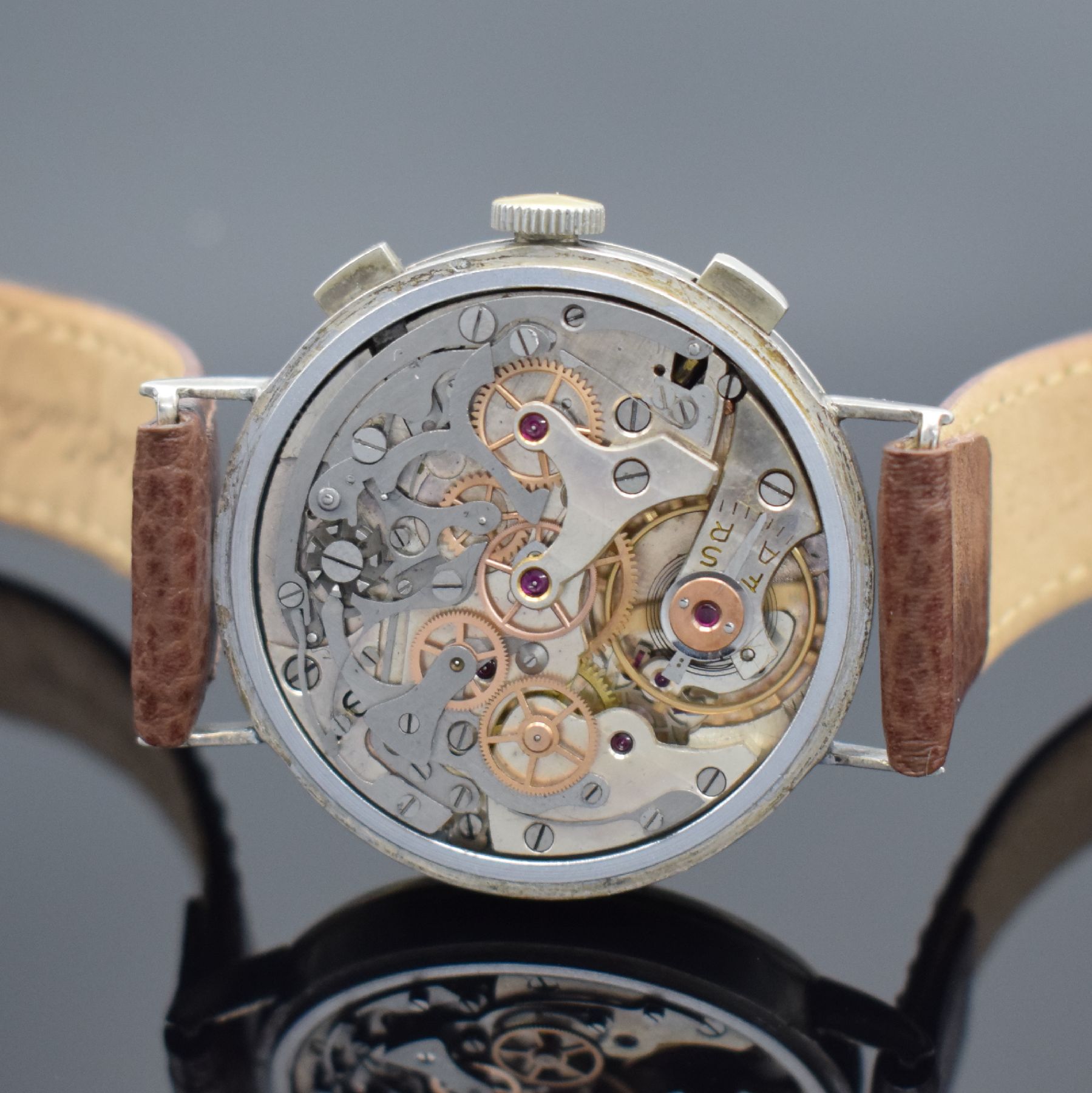Detail e: NICOLET WATCH Kaliber Landeron 39 Herrenarmbanduhr mit Schaltradchronograph, Schweiz 1940er Jahre, Handaufzug, Geh. in 800er Silber, Boden & Glasrand ...