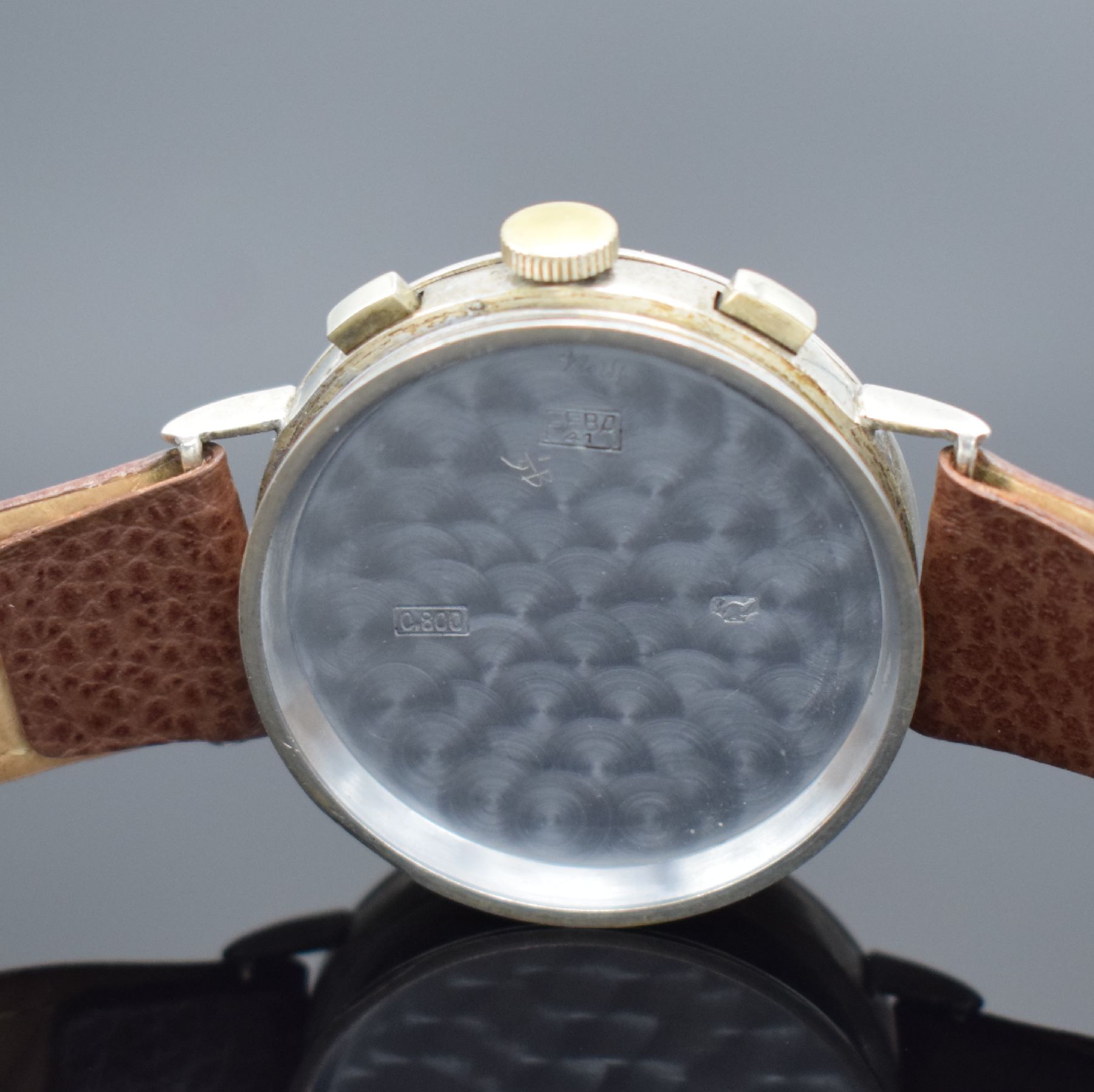 Detail f: NICOLET WATCH Kaliber Landeron 39 Herrenarmbanduhr mit Schaltradchronograph, Schweiz 1940er Jahre, Handaufzug, Geh. in 800er Silber, Boden & Glasrand ...