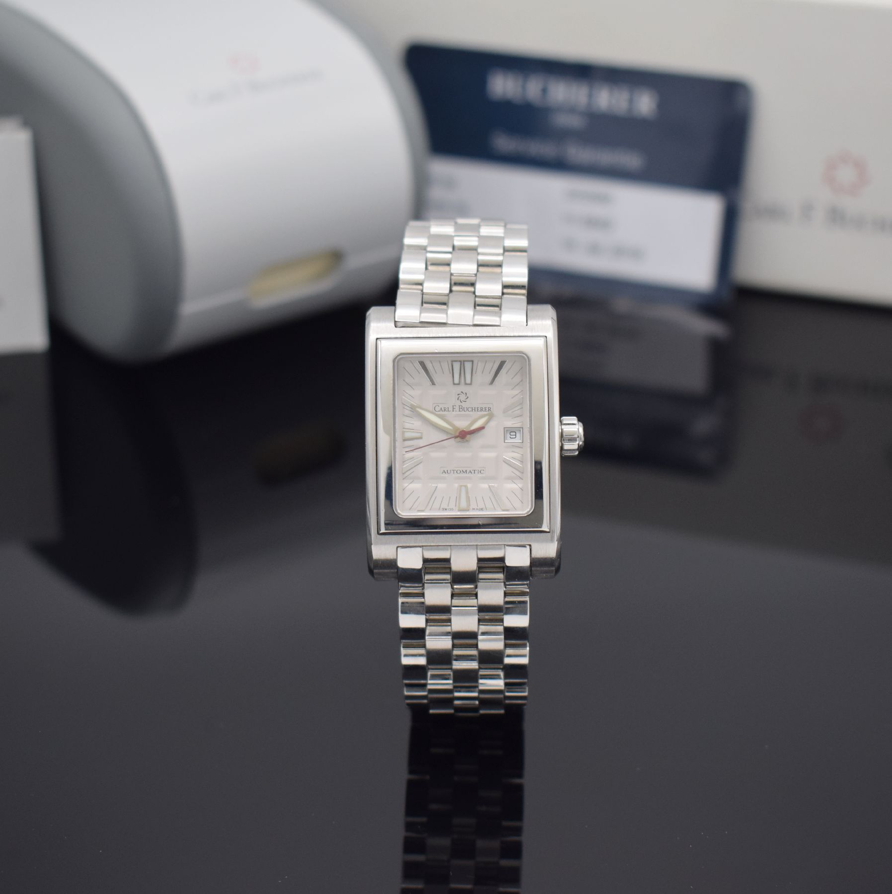 Detail a: CARL F. BUCHERER Antecedo Herrenarmbanduhr, Schweiz verk. lt. Garantie 06/2002, Automatik, Edelstahlgeh. inkl. Gliederband m. dopp. Faltschl., Boden ...