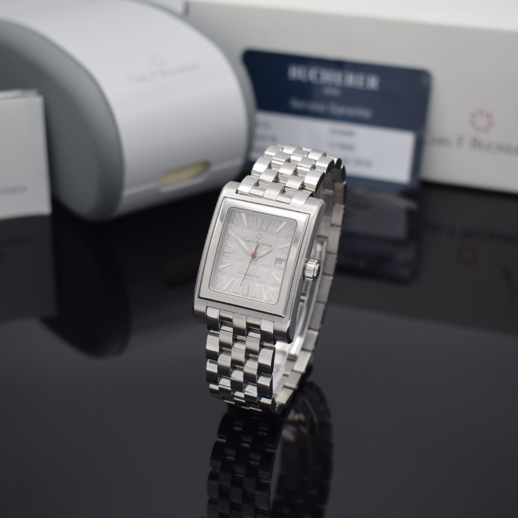 Detail c: CARL F. BUCHERER Antecedo Herrenarmbanduhr, Schweiz verk. lt. Garantie 06/2002, Automatik, Edelstahlgeh. inkl. Gliederband m. dopp. Faltschl., Boden ...
