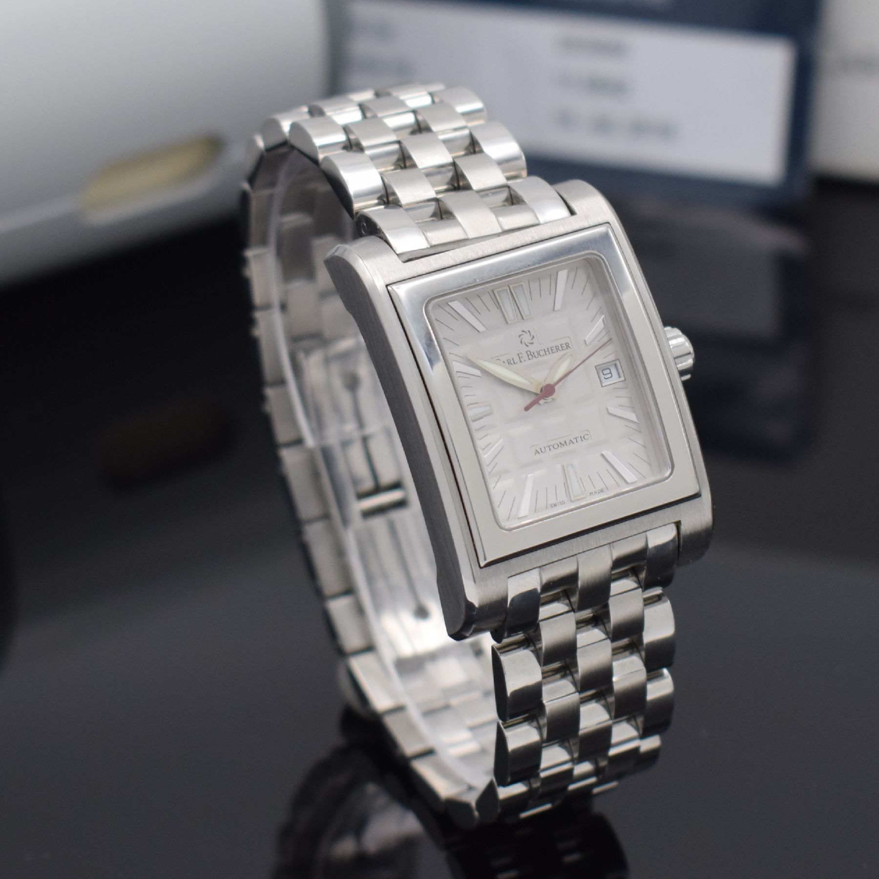 Detail f: CARL F. BUCHERER Antecedo Herrenarmbanduhr, Schweiz verk. lt. Garantie 06/2002, Automatik, Edelstahlgeh. inkl. Gliederband m. dopp. Faltschl., Boden ...