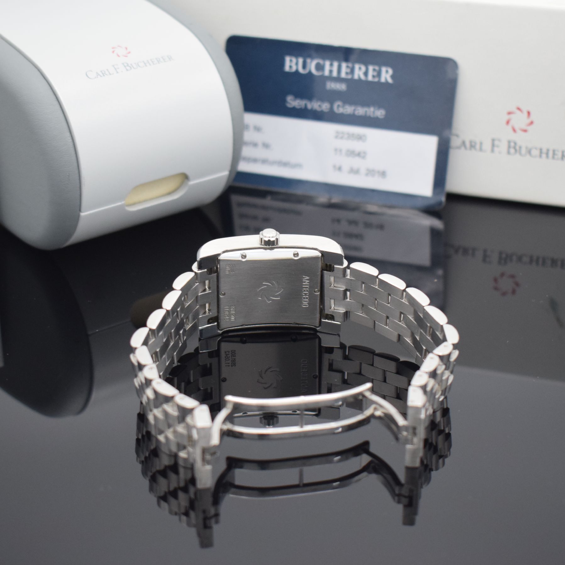 Detail g: CARL F. BUCHERER Antecedo Herrenarmbanduhr, Schweiz verk. lt. Garantie 06/2002, Automatik, Edelstahlgeh. inkl. Gliederband m. dopp. Faltschl., Boden ...