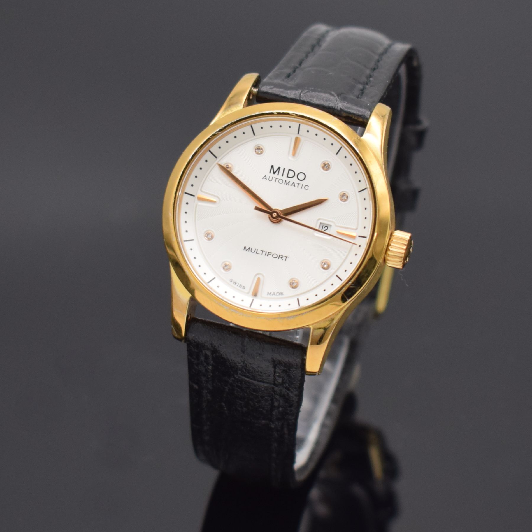 MIDO Multifort vergoldete Damenarmbanduhr, Schweiz um 2015, Automatik, Ref. M005007A, beids. vergl. Geh., Boden verschr., Saphirglas, silb. guill. ...