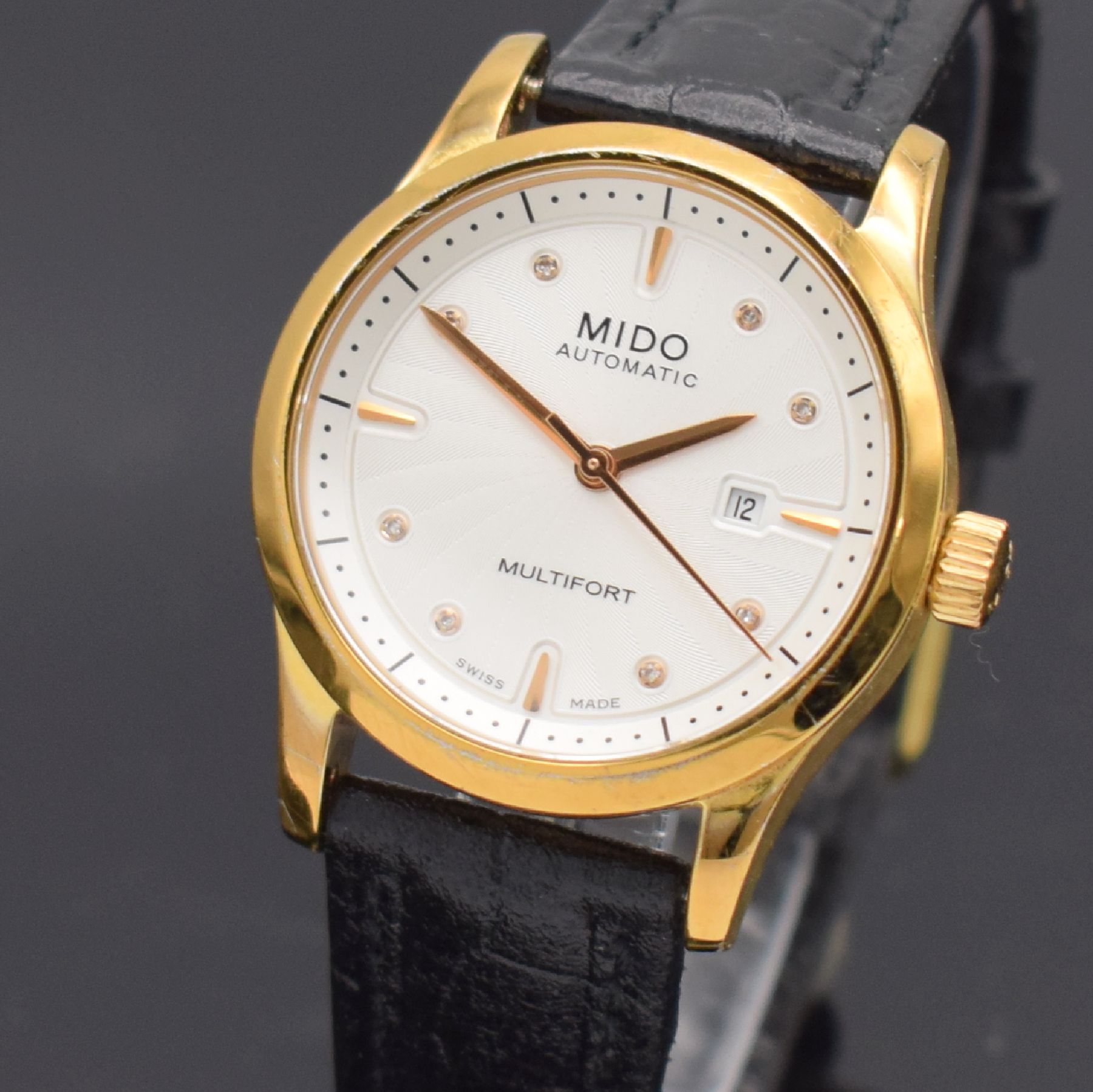 Detail a: MIDO Multifort vergoldete Damenarmbanduhr, Schweiz um 2015, Automatik, Ref. M005007A, beids. vergl. Geh., Boden verschr., Saphirglas, silb. guill. ...