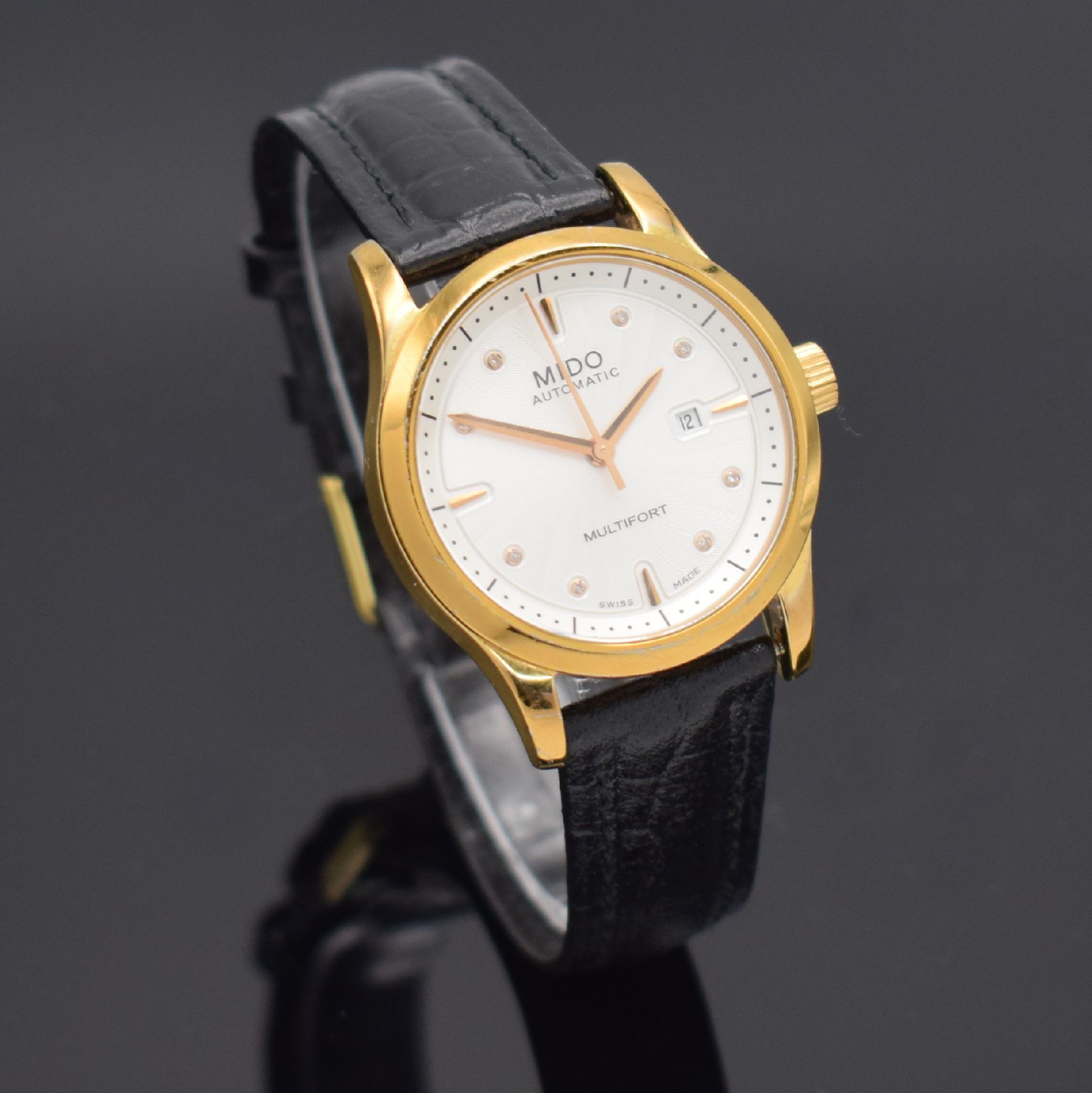 Detail b: MIDO Multifort vergoldete Damenarmbanduhr, Schweiz um 2015, Automatik, Ref. M005007A, beids. vergl. Geh., Boden verschr., Saphirglas, silb. guill. ...