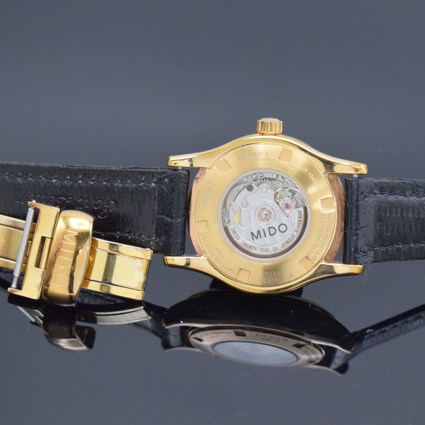 Detail d: MIDO Multifort vergoldete Damenarmbanduhr, Schweiz um 2015, Automatik, Ref. M005007A, beids. vergl. Geh., Boden verschr., Saphirglas, silb. guill. ...