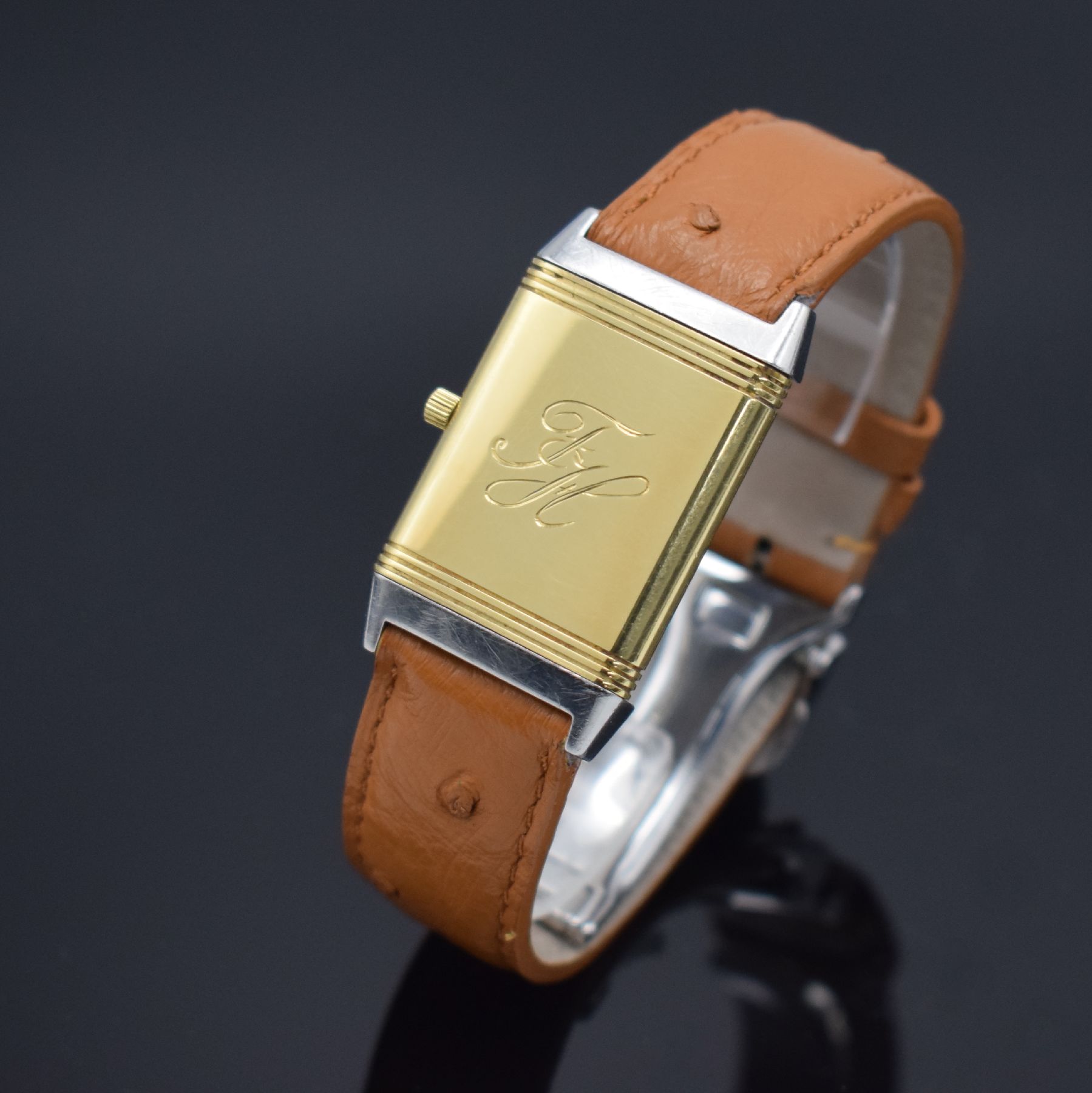 Detail b: Jaeger-LeCoultre Damenarmbanduhr Reverso in Edelstahl & GG 750/000, Schweiz um 2000, quarz, Wendegeh. m. Monogramm, neutr. Lederband m. orig. ...