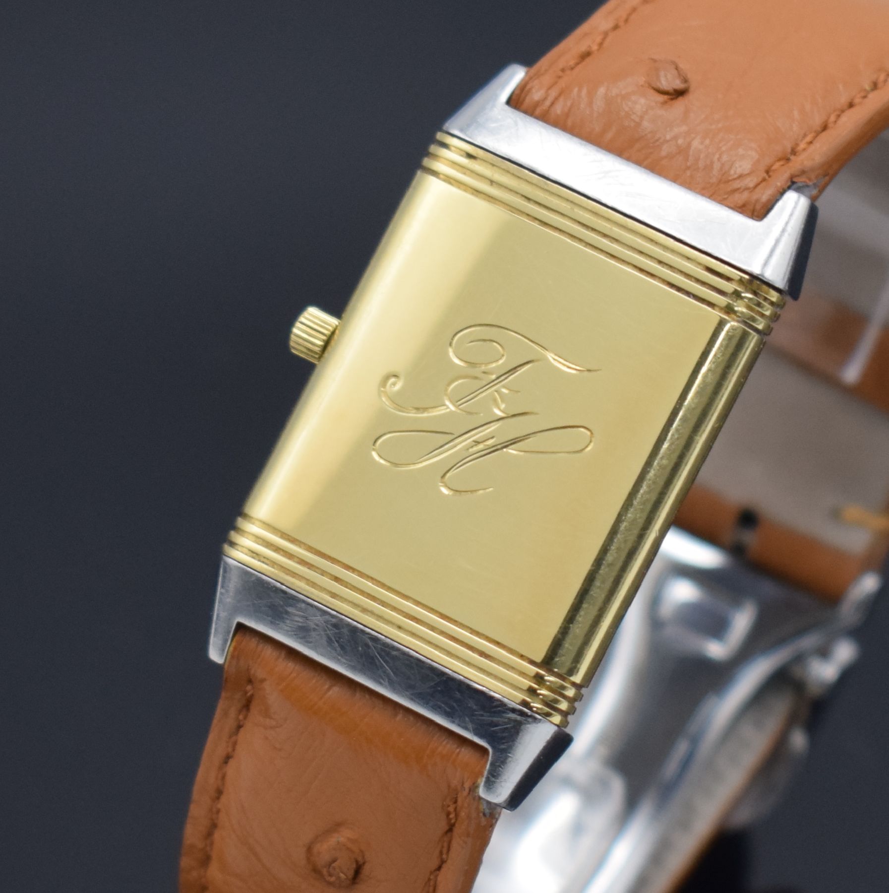 Detail c: Jaeger-LeCoultre Damenarmbanduhr Reverso in Edelstahl & GG 750/000, Schweiz um 2000, quarz, Wendegeh. m. Monogramm, neutr. Lederband m. orig. ...