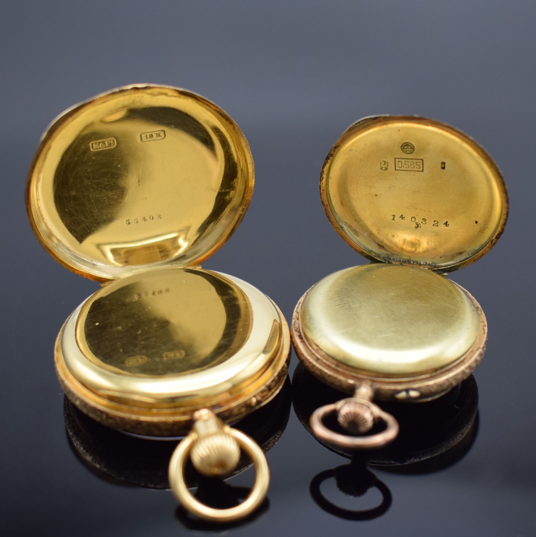 Detail c: 3 offene Damentaschenuhren & 1 Savonette in GG/RoséG 585/000 & 750/000, Schweiz um 1890 -1910, 1x 3 Deckel-Goldgeh. dell., 2x Goldgeh. dell., ...
