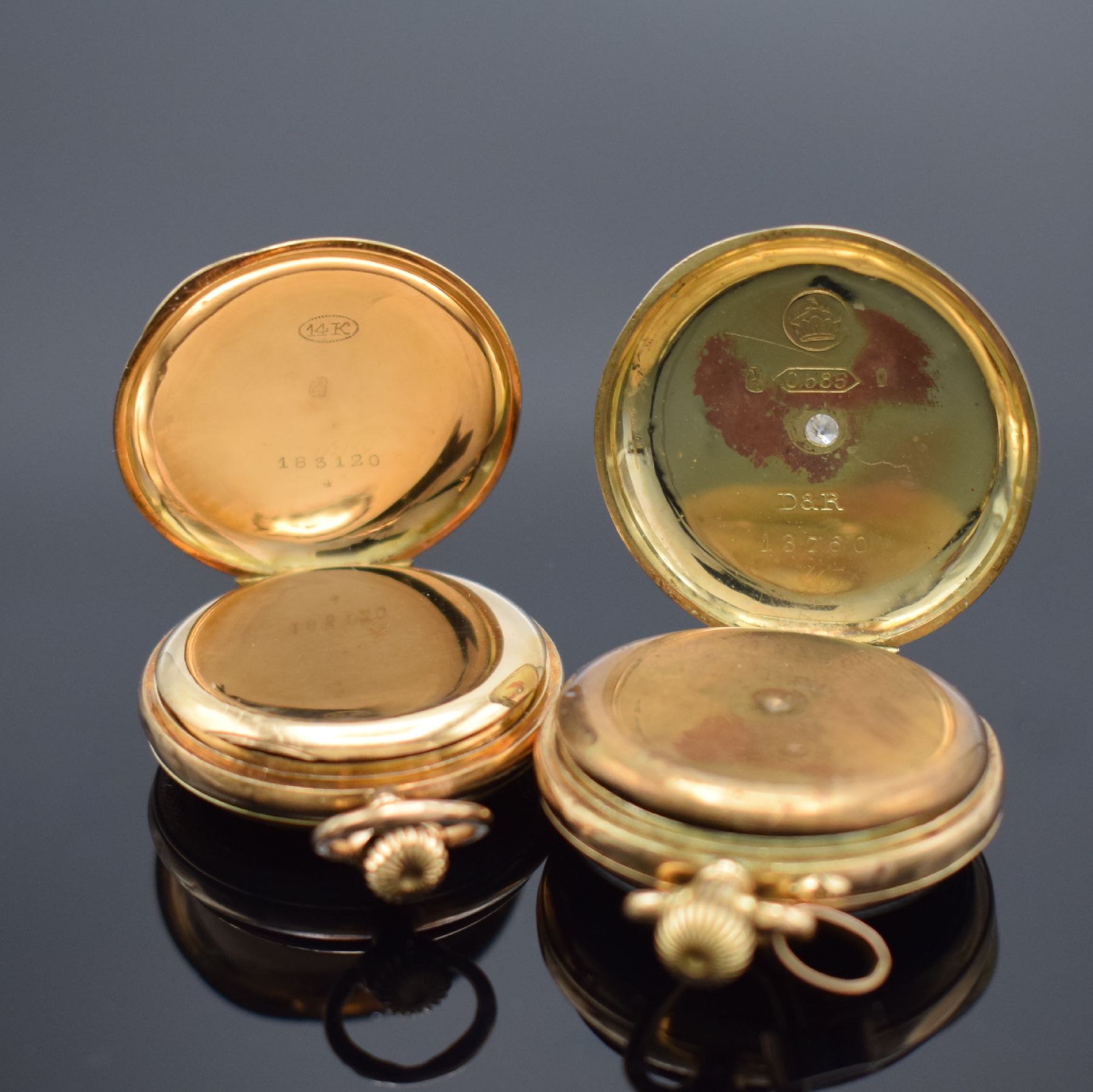 Detail d: 3 offene Damentaschenuhren & 1 Savonette in GG/RoséG 585/000 & 750/000, Schweiz um 1890 -1910, 1x 3 Deckel-Goldgeh. dell., 2x Goldgeh. dell., ...