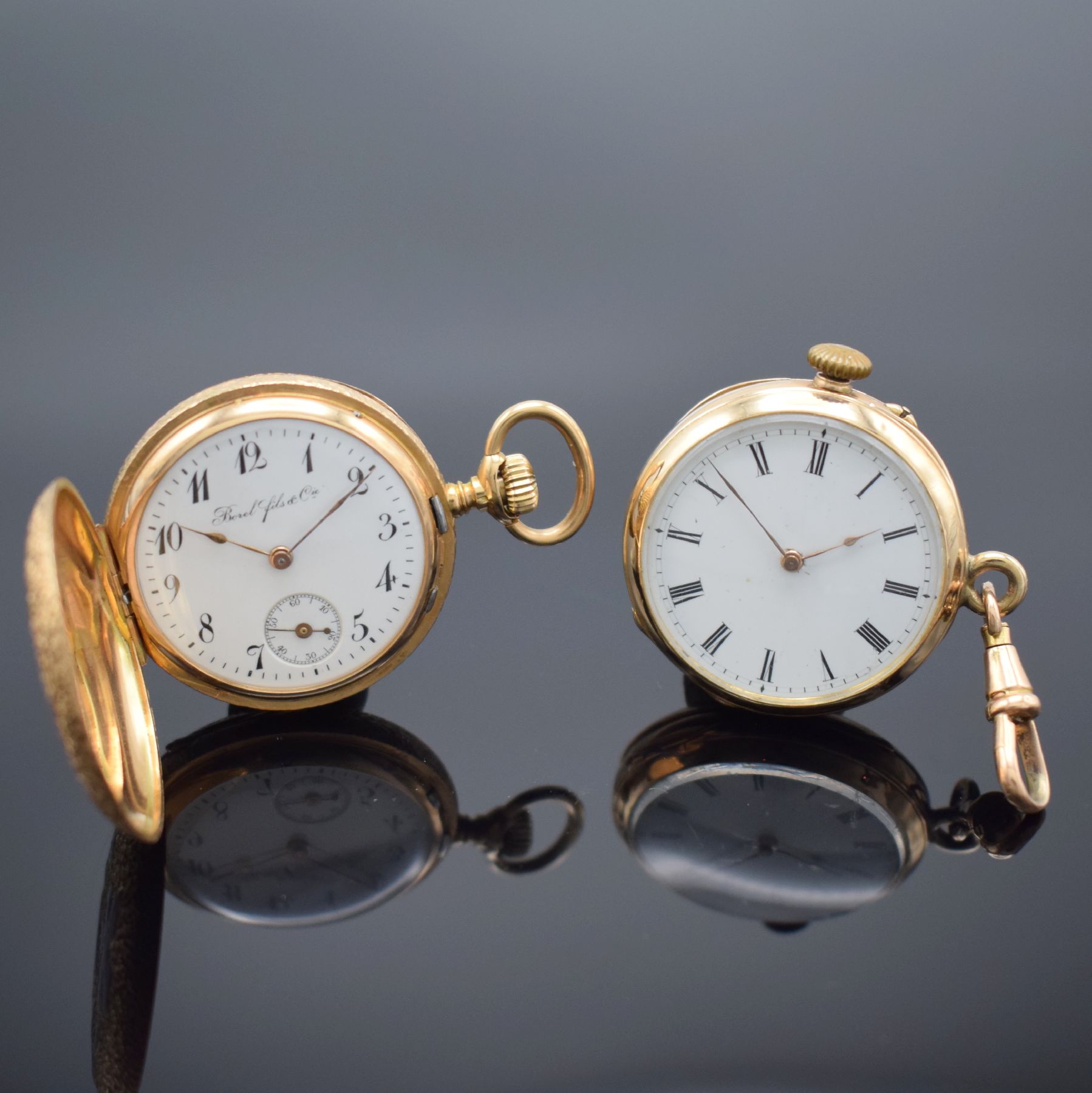 BOREL FILS & CIE Savonette & 1 offene Damentaschenuhr in RoséG 585/000, Schweiz um 1890-1900, 1.) guill. 3 Deckel Goldgeh., Sprungdeckel floral ...