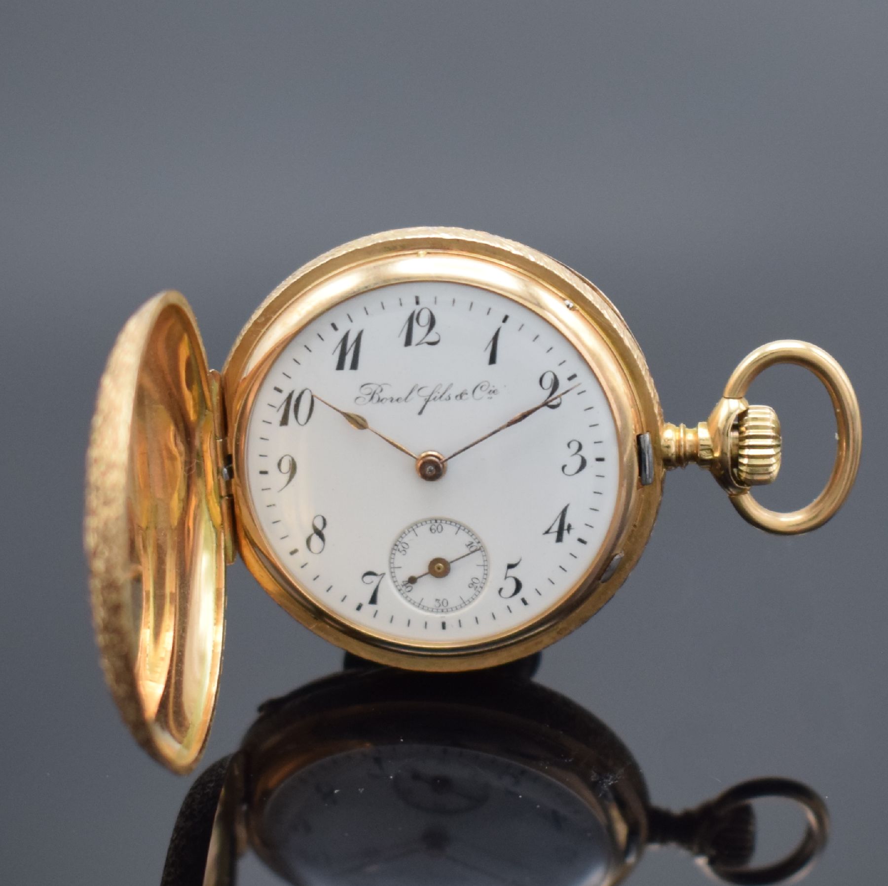 Detail a: BOREL FILS & CIE Savonette & 1 offene Damentaschenuhr in RoséG 585/000, Schweiz um 1890-1900, 1.) guill. 3 Deckel Goldgeh., Sprungdeckel floral ...
