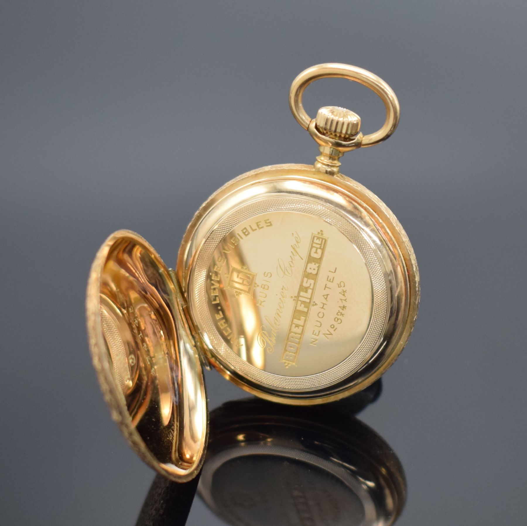 Detail f: BOREL FILS & CIE Savonette & 1 offene Damentaschenuhr in RoséG 585/000, Schweiz um 1890-1900, 1.) guill. 3 Deckel Goldgeh., Sprungdeckel floral ...