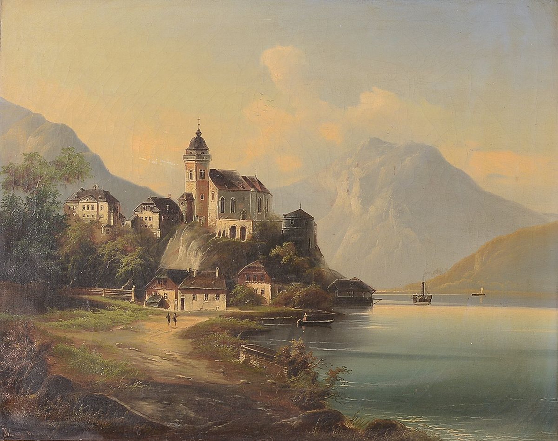 Johann Wilhelm Jankowski, um 1825 - 1870 böhmischer Vedutenmaler, hier: wohl Schweizer Bergsee mit idealisierter Stadtansicht, romantisiernde ...
