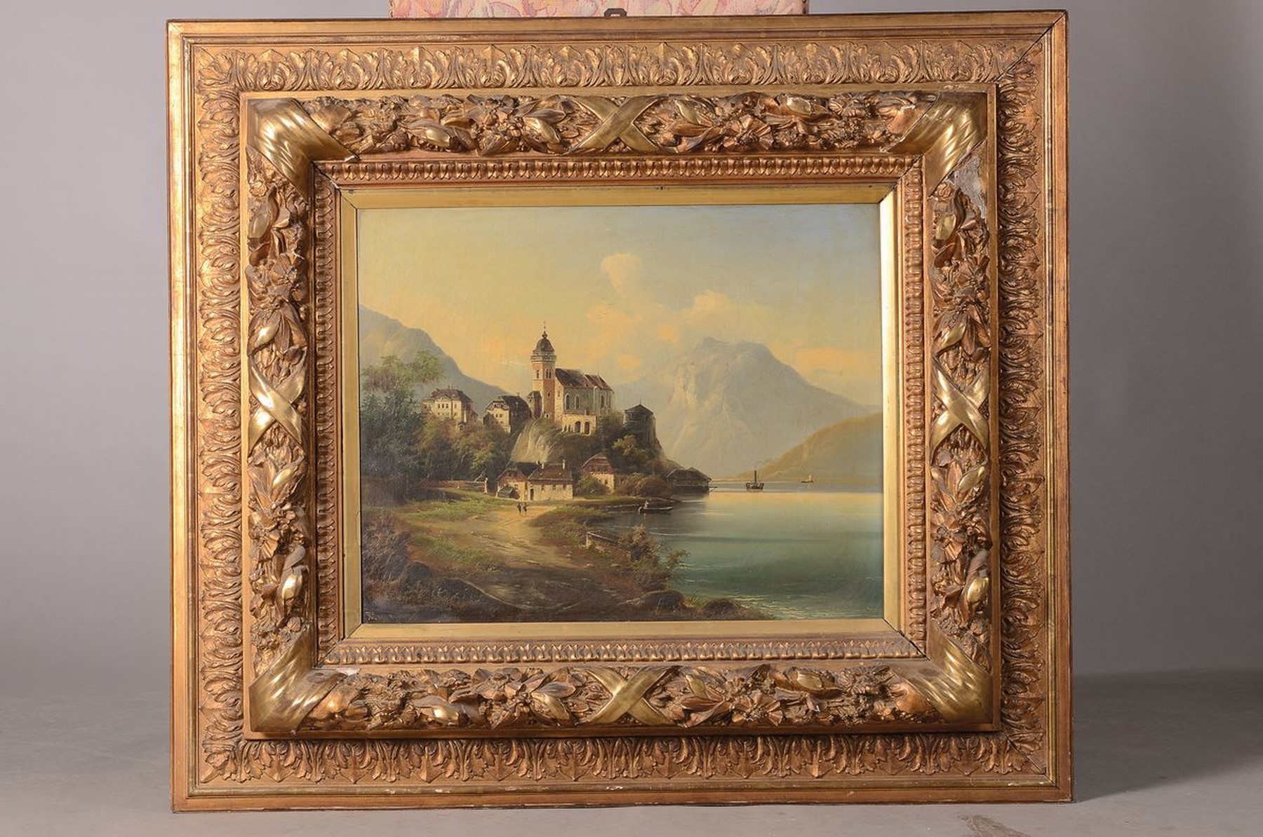 Detail k: Johann Wilhelm Jankowski, um 1825 - 1870 böhmischer Vedutenmaler, hier: wohl Schweizer Bergsee mit idealisierter Stadtansicht, romantisiernde ...