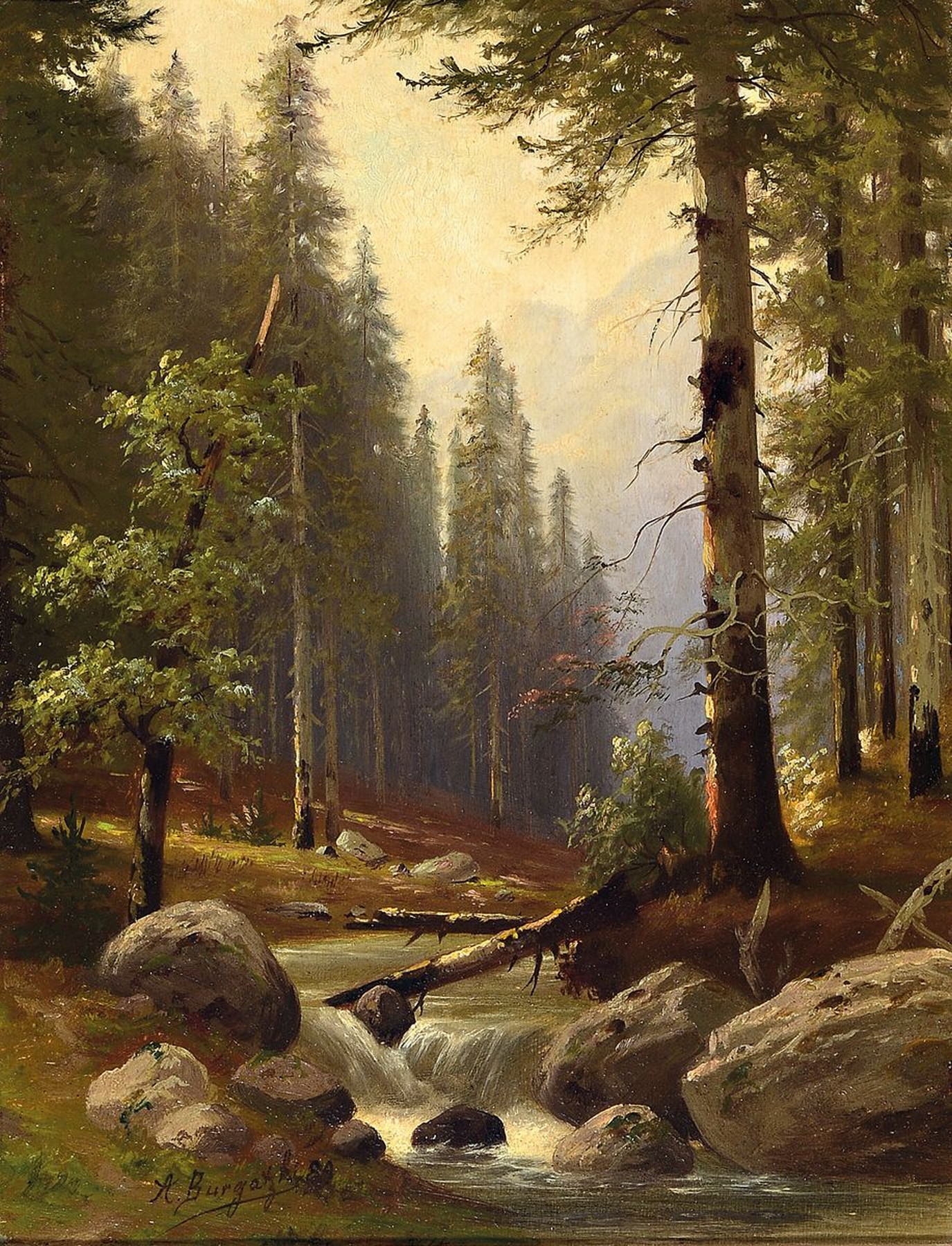 A. Burgatzki, datiert (18)89, Gebirgsbach in Waldlandschaft, Öl/Malkarton, li. unten signiert, ca. 35 x 26 cm, Rahmen