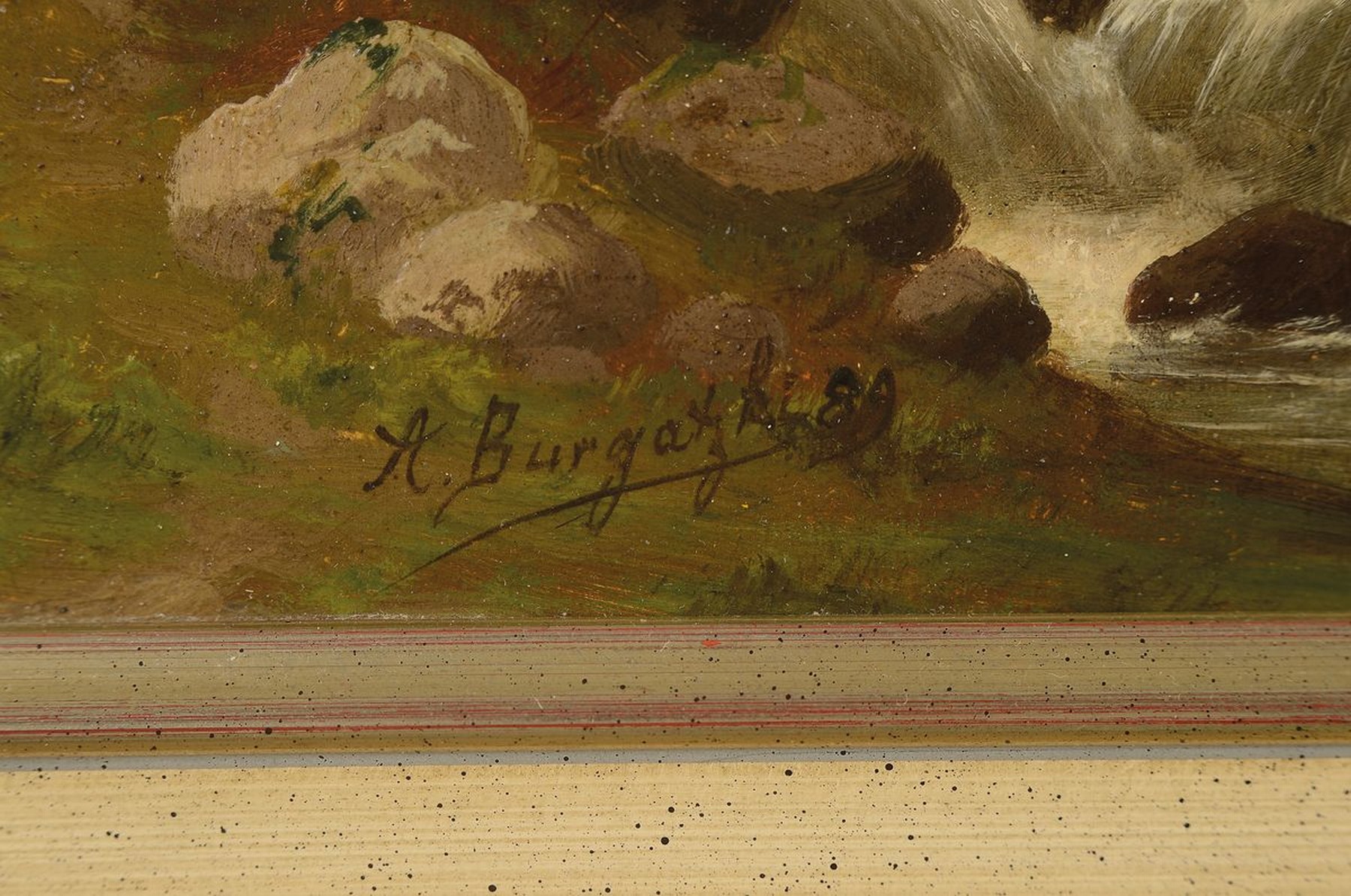 Detail a: A. Burgatzki, datiert (18)89, Gebirgsbach in Waldlandschaft, Öl/Malkarton, li. unten signiert, ca. 35 x 26 cm, Rahmen