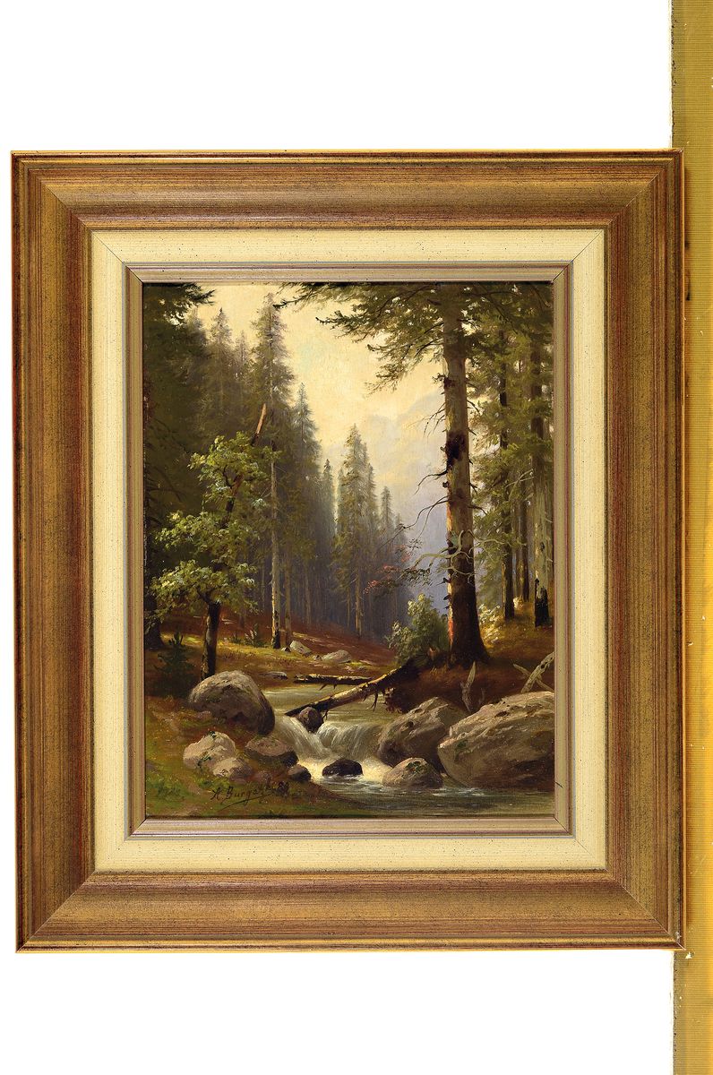 Detail k: A. Burgatzki, datiert (18)89, Gebirgsbach in Waldlandschaft, Öl/Malkarton, li. unten signiert, ca. 35 x 26 cm, Rahmen