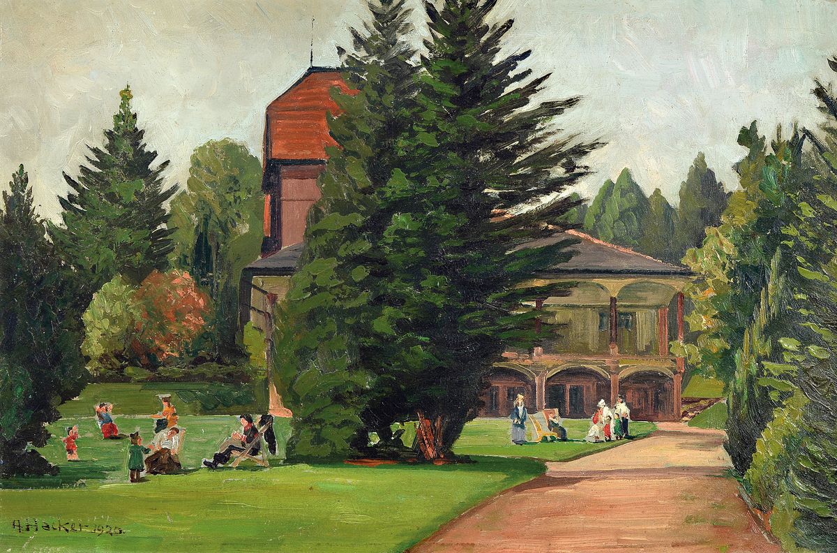 Adolf Hacker, 1873 Schwarzenbach/Saale - 1943 Heidelberg, Kuranstalt mit Park und reicher Personenstaffage, Öl/Platte, signiert, 40 x 60 cm, Rahmen
