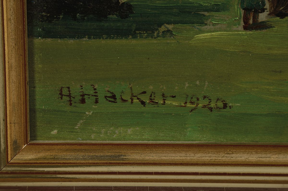 Detail a: Adolf Hacker, 1873 Schwarzenbach/Saale - 1943 Heidelberg, Kuranstalt mit Park und reicher Personenstaffage, Öl/Platte, signiert, 40 x 60 cm, Rahmen