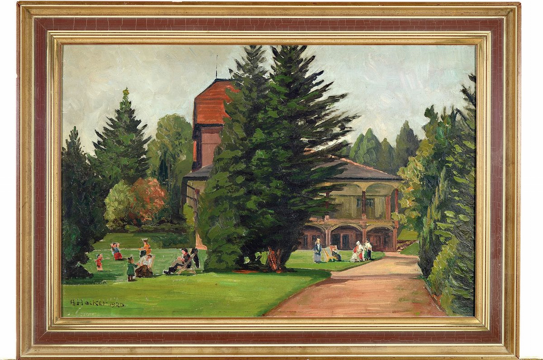 Detail k: Adolf Hacker, 1873 Schwarzenbach/Saale - 1943 Heidelberg, Kuranstalt mit Park und reicher Personenstaffage, Öl/Platte, signiert, 40 x 60 cm, Rahmen