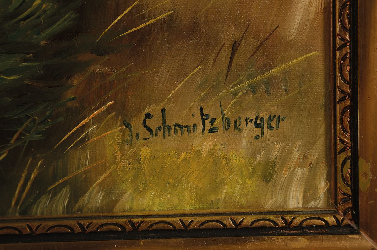 Detail a: Josef Schmitzberger, 1851 - 1936, röhrender Hirsch in Berglandschaft, Öl/Lwd, bez. auf Etikett "Der Alpenkönig", 66 x 53 cm,Rahmen