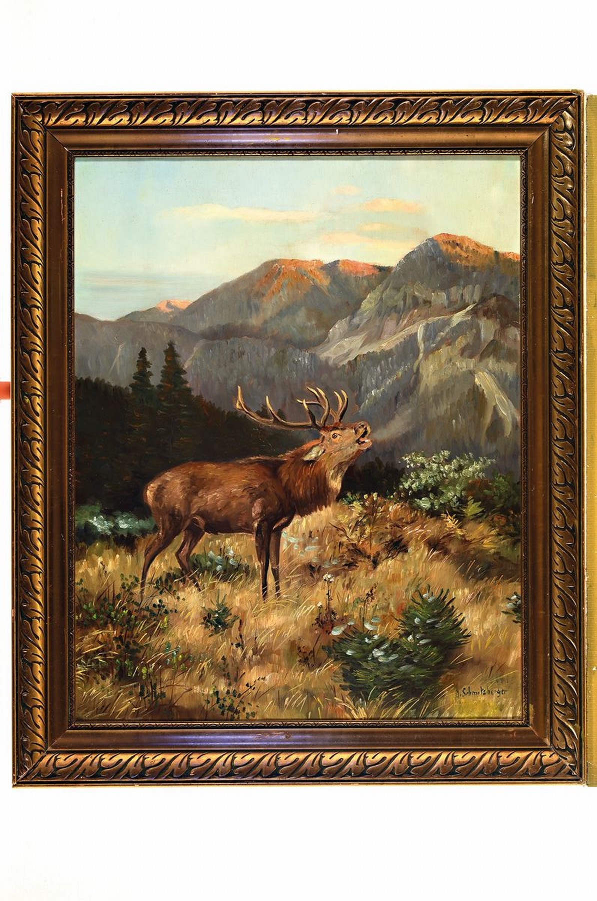 Detail k: Josef Schmitzberger, 1851 - 1936, röhrender Hirsch in Berglandschaft, Öl/Lwd, bez. auf Etikett "Der Alpenkönig", 66 x 53 cm,Rahmen