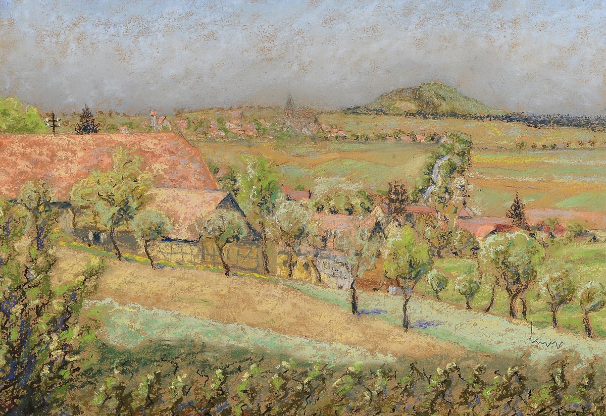 Pfälzer Landschaft, unleserlich signiert, Pastell, unter Glas, Rahmen 32 x 50 cm