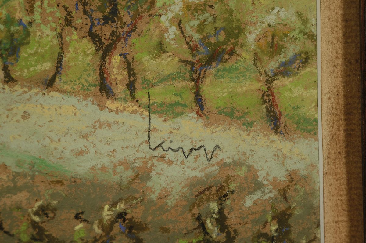 Detail a: Pfälzer Landschaft, unleserlich signiert, Pastell, unter Glas, Rahmen 32 x 50 cm