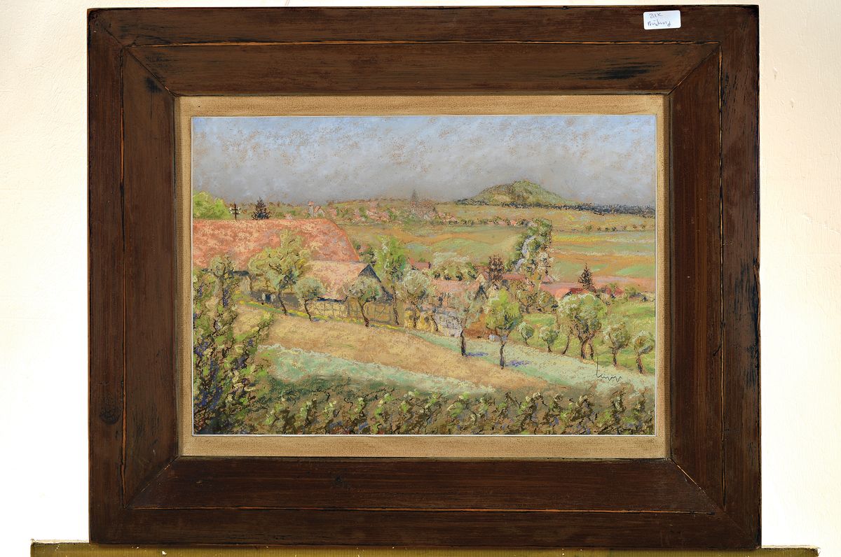 Detail k: Pfälzer Landschaft, unleserlich signiert, Pastell, unter Glas, Rahmen 32 x 50 cm