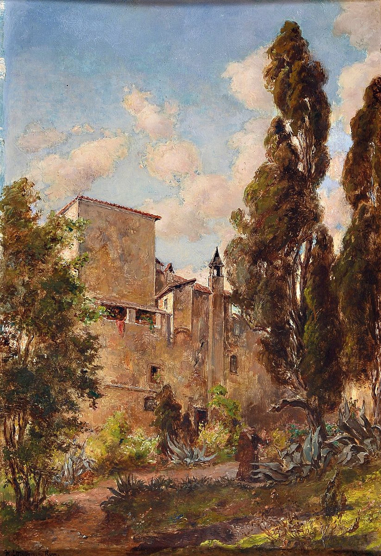 Hermann Effenberger, 1842 Lauban/Schlesien- 1911 Rom, Ansicht einer Häuserfront mit zwei Personen im Garten, bezeichnet Rom, Öl/Platte, ca. 47 x 33 ...