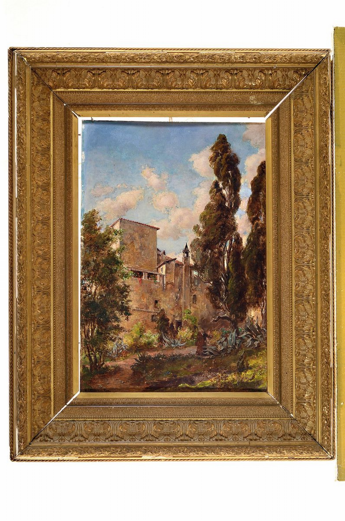 Detail k: Hermann Effenberger, 1842 Lauban/Schlesien- 1911 Rom, Ansicht einer Häuserfront mit zwei Personen im Garten, bezeichnet Rom, Öl/Platte, ca. 47 x 33 ...