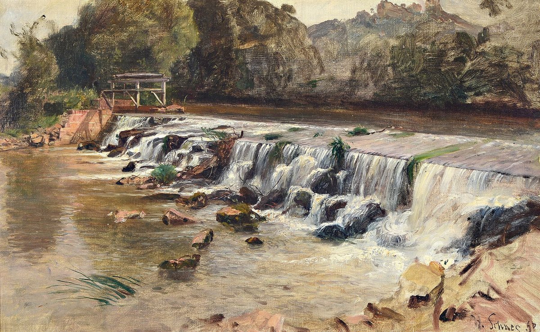 Hermann Schnee, 1840 Treuenbrietzen - 1926 Berlin, Schüler der Düsseldorfer Akademie bei Oswald Achenbach, hier: Flusslandschaft mit Wasserfall, ...
