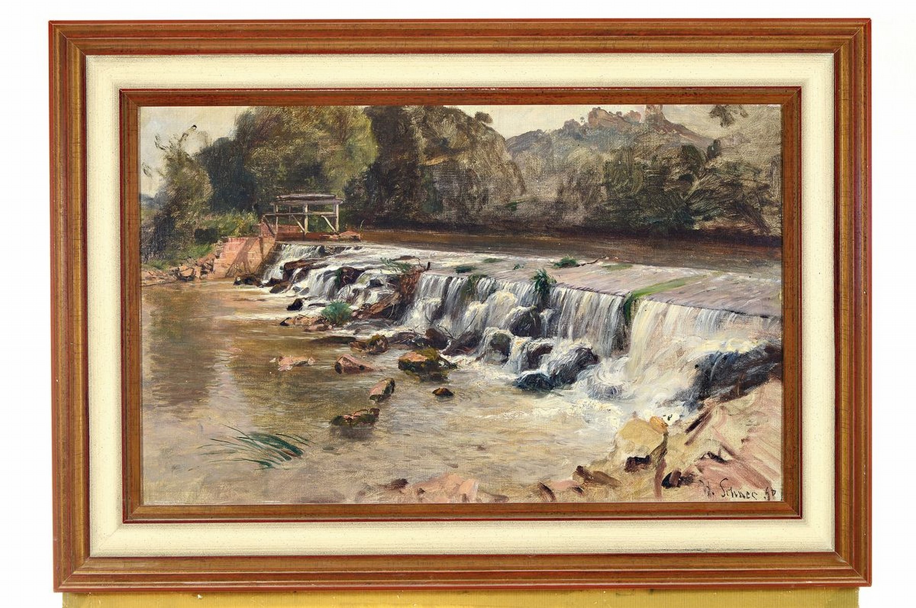 Detail k: Hermann Schnee, 1840 Treuenbrietzen - 1926 Berlin, Schüler der Düsseldorfer Akademie bei Oswald Achenbach, hier: Flusslandschaft mit Wasserfall, ...
