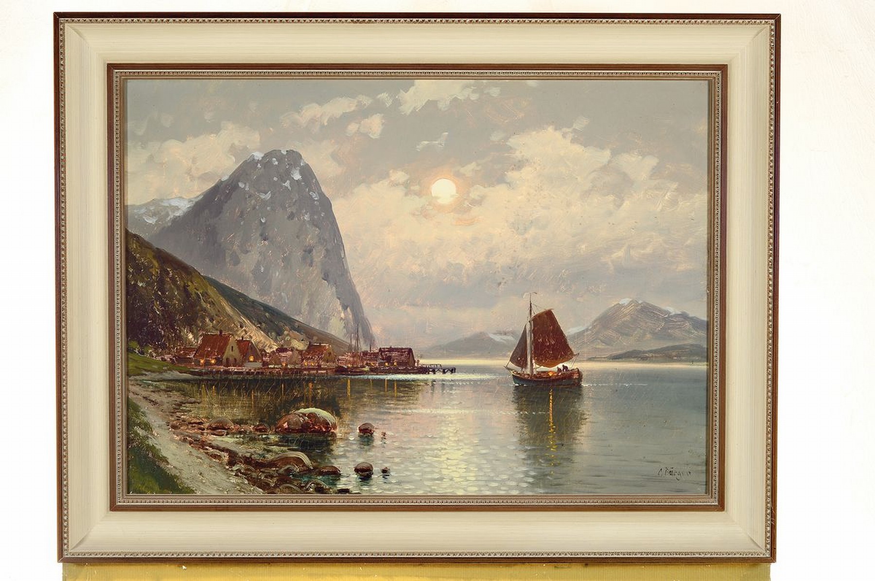 Detail k: Lothar Michael Bürger, 1866 Wien - 1943 Kirchstetten, Fjordlandschaft im Mondschein, Öl/Lwd, signiert, ca. 47 x 66 cm, Rahmen ca. 59 x 77cm