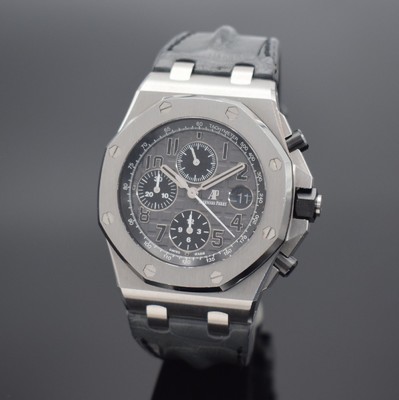 Image AUDEMARS PIGUET chronograph series Royal Oak Offshore "Elephant" reference 26470ST.OO.A104CR.01, self winding, stainless steel including original leather strap with original buckle, on both sides sapphire glazed, octagonal bezel 8-times screwed, gray Tapisserie-dial with black sub-dials, display of hours, minutes, constant second & date, diameter approx. 42 mm, original box & papers, condition 2