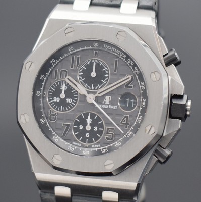 26425246a - AUDEMARS PIGUET chronograph series Royal Oak Offshore "Elephant" reference 26470ST.OO.A104CR.01, self winding, stainless steel including original leather strap with original buckle, on both sides sapphire glazed, octagonal bezel 8-times screwed, gray Tapisserie-dial with black sub-dials, display of hours, minutes, constant second & date, diameter approx. 42 mm, original box & papers, condition 2