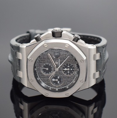 26425246b - AUDEMARS PIGUET chronograph series Royal Oak Offshore "Elephant" reference 26470ST.OO.A104CR.01, self winding, stainless steel including original leather strap with original buckle, on both sides sapphire glazed, octagonal bezel 8-times screwed, gray Tapisserie-dial with black sub-dials, display of hours, minutes, constant second & date, diameter approx. 42 mm, original box & papers, condition 2