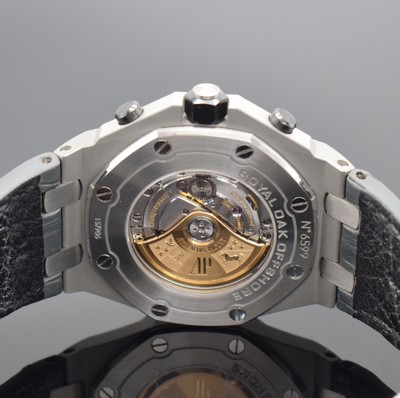 26425246d - AUDEMARS PIGUET chronograph series Royal Oak Offshore "Elephant" reference 26470ST.OO.A104CR.01, self winding, stainless steel including original leather strap with original buckle, on both sides sapphire glazed, octagonal bezel 8-times screwed, gray Tapisserie-dial with black sub-dials, display of hours, minutes, constant second & date, diameter approx. 42 mm, original box & papers, condition 2