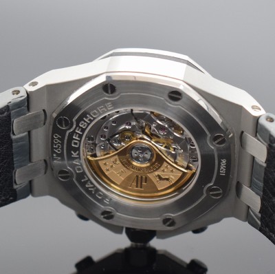 26425246e - AUDEMARS PIGUET chronograph series Royal Oak Offshore "Elephant" reference 26470ST.OO.A104CR.01, self winding, stainless steel including original leather strap with original buckle, on both sides sapphire glazed, octagonal bezel 8-times screwed, gray Tapisserie-dial with black sub-dials, display of hours, minutes, constant second & date, diameter approx. 42 mm, original box & papers, condition 2