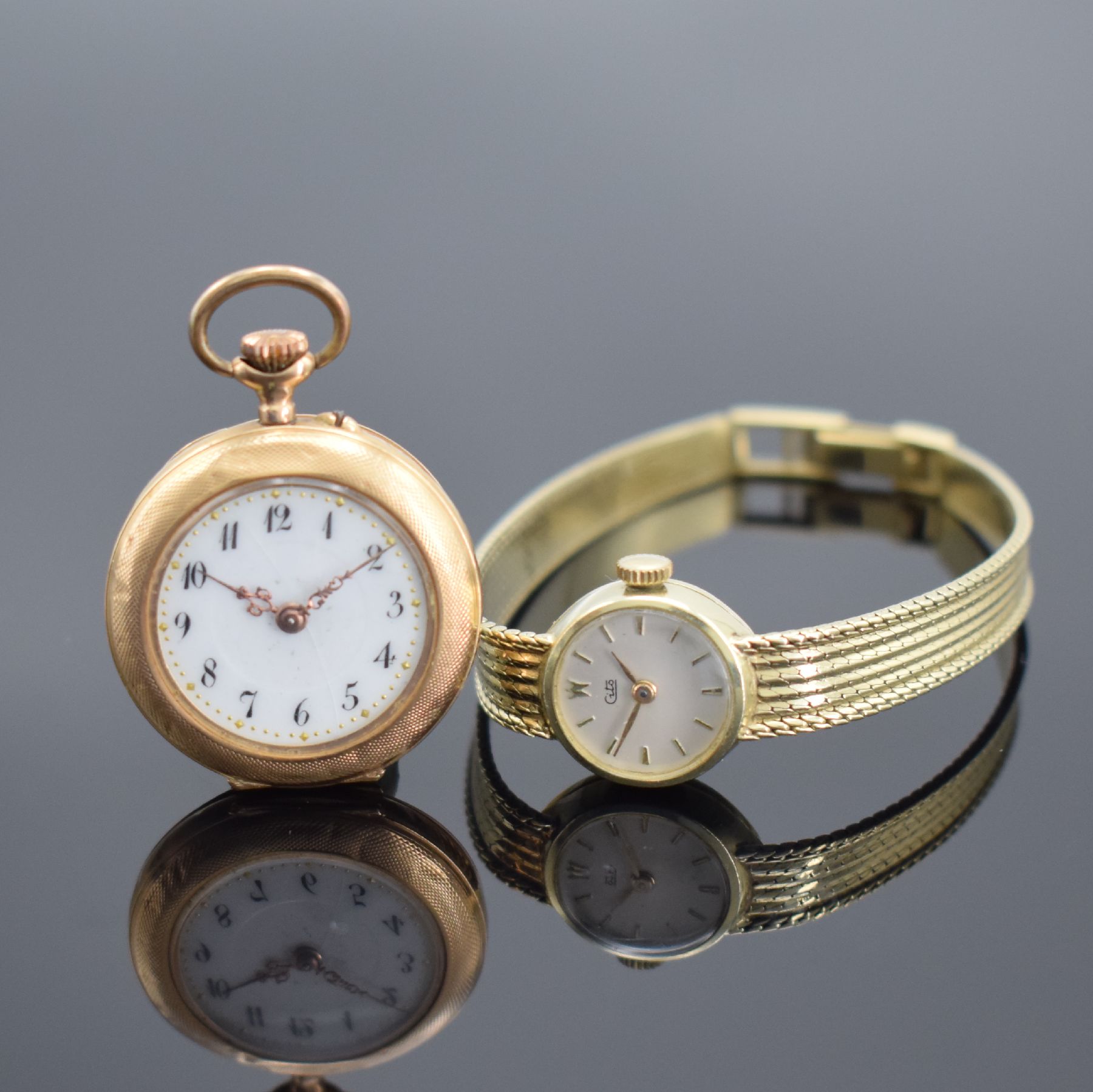 Damenarmbanduhr & Damentaschenuhr in GG & RG 585/000, Schweiz um 1960 / 1890, Handaufzug, 1.) Armbanduhr m. Milanaiseband, rotverg. Werk Kal. AS ...