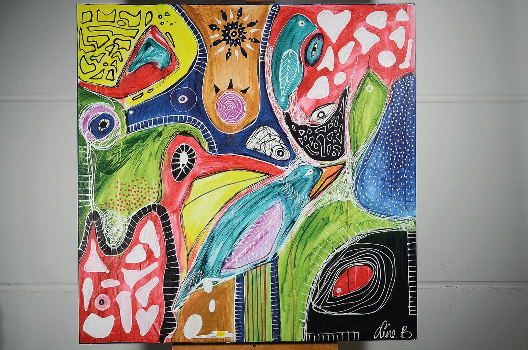 Detail k: Line B., zeitgenössische dänische Künstlerin, Abstrakte Komposition mit Vögel,Acryl auf Lwd, rechts unten signiert, ca. 100x100cm